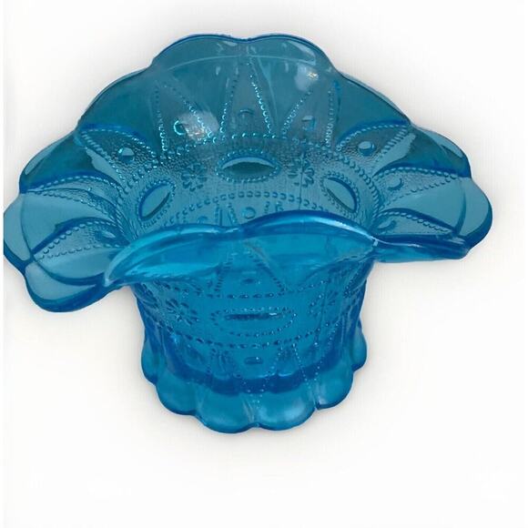 Vintage Kemple Blue Glass Basket Hat Vase Lace Dew Drop Pattern Lace N Dewdrop - Picture 13 of 13